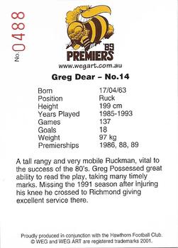 2001 Weg Art '89 Premiers #12 Greg Dear Back